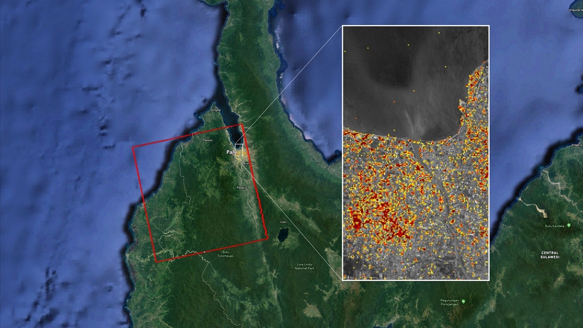 NASA Damage Proxy Map (DPM) depicting areas in Central Sulawesi, Indonesia, including the city of Palu, as a result of the magnitude 7.5 September 28, 2018 earthquake. Credit: NASA/JPL-Caltech/JAXA